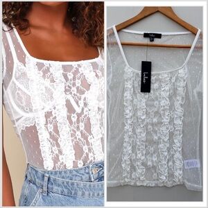 Lulu's Lovely Musing White Sheer‎ Swiss Dot Lace Short Sleeve Top XS